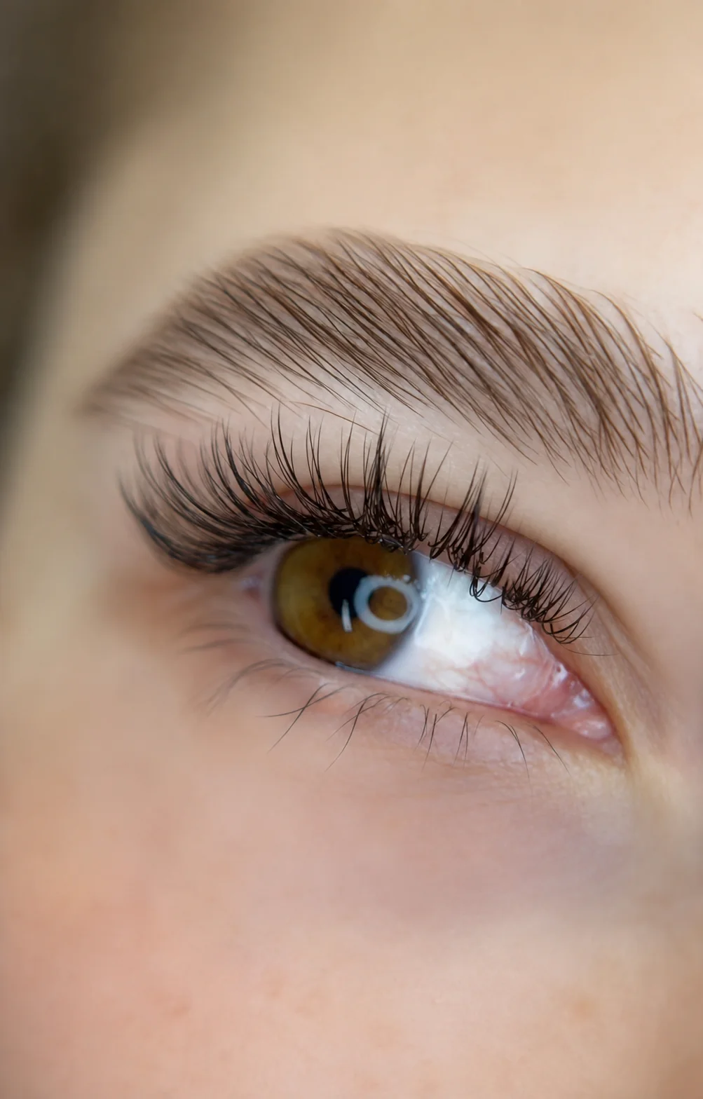 Delikatne rzęsy i naturalny łuk brwiowy w zbliżeniu