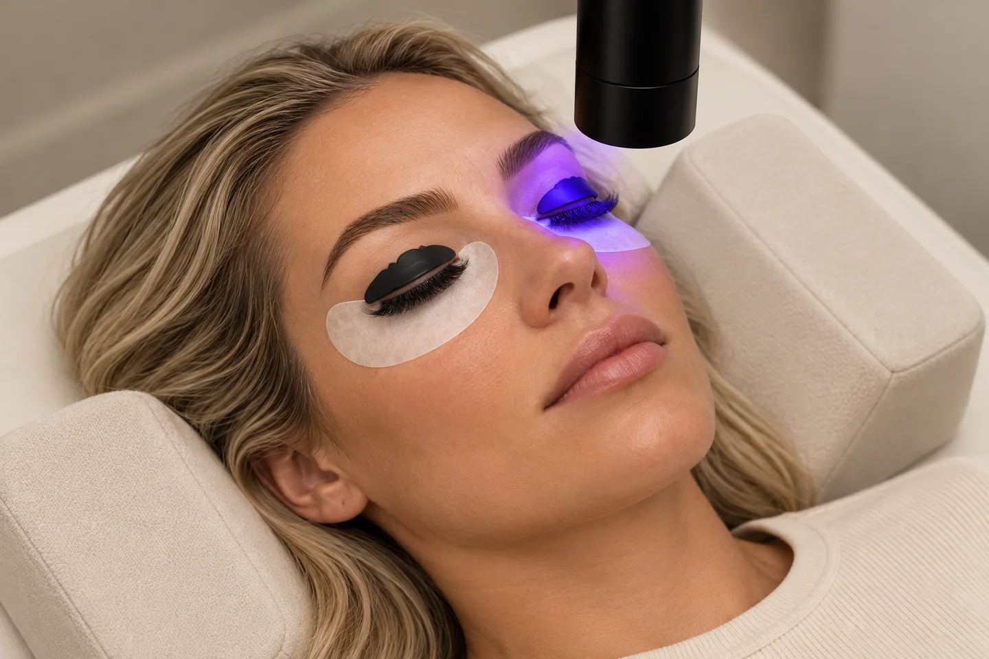 Zabieg przedłużania rzęs UV w salonie — modelka na profilowanej poduszce i światło lampy